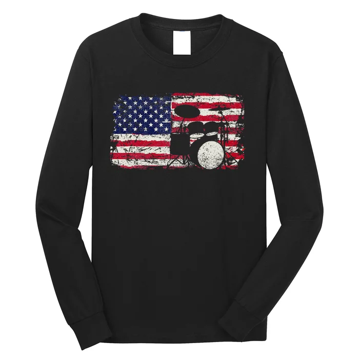 Drum Sets Usa Flag Drummer Music Lover Drumming Long Sleeve Shirt