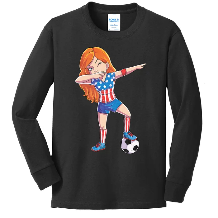 Dabbing Soccer Usa 4th Of July American Flag Kids Long Sleeve Shirt