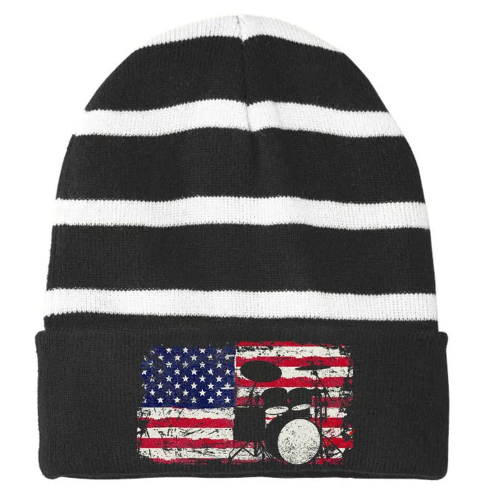 Drum Sets Usa Flag Drummer Music Lover Drumming Striped Beanie with Solid Band