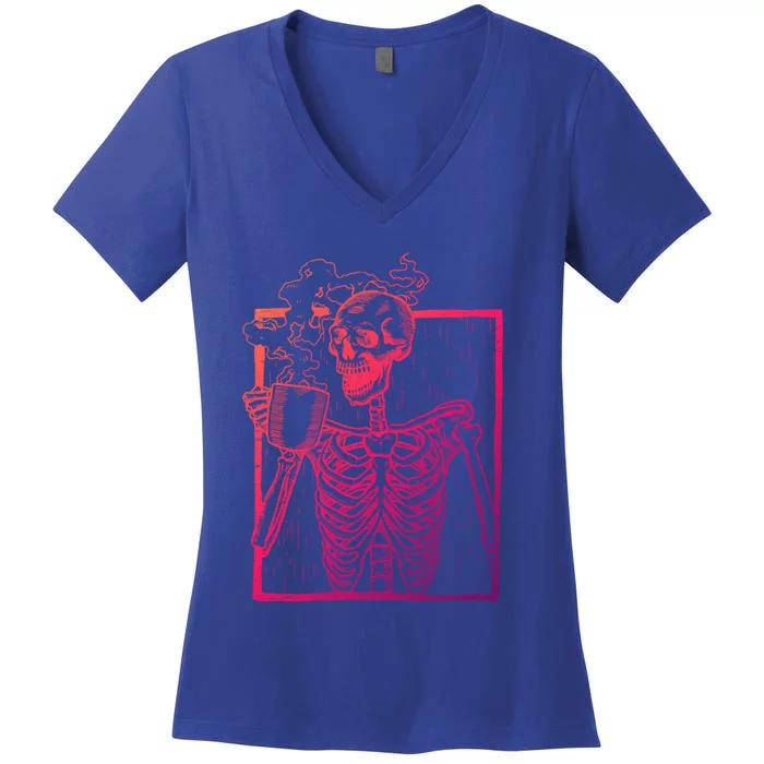 Distressed Skeleton Vintage Smiling Skull Ing Coffee Gift Women's V-Neck T-Shirt