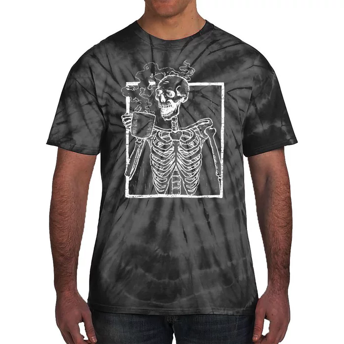 Distressed Skeleton Vintage Smiling Skull Drinking Coffee Tie-Dye T-Shirt