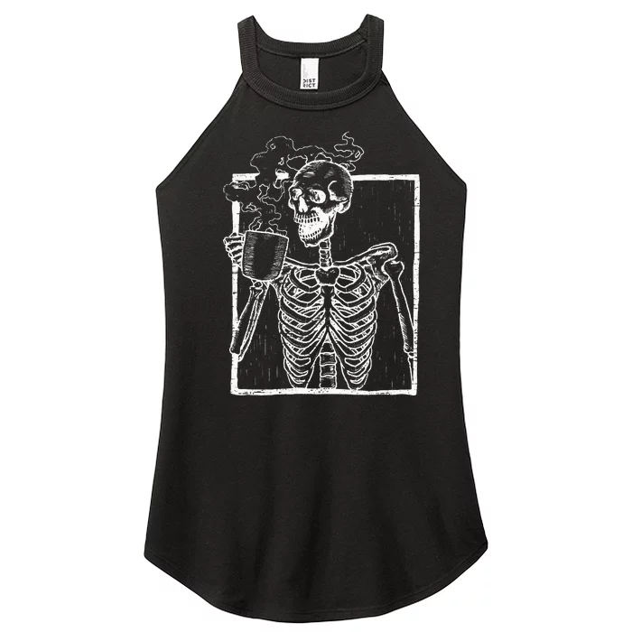 Distressed Skeleton Vintage Smiling Skull Drinking Coffee Women’s Perfect Tri Rocker Tank