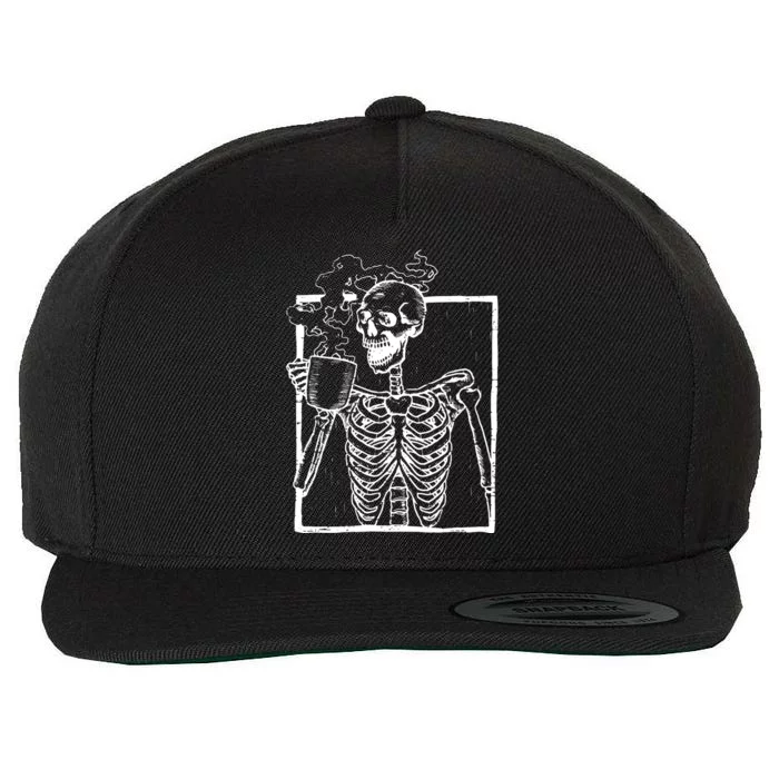 Distressed Skeleton Vintage Smiling Skull Drinking Coffee Wool Snapback Cap