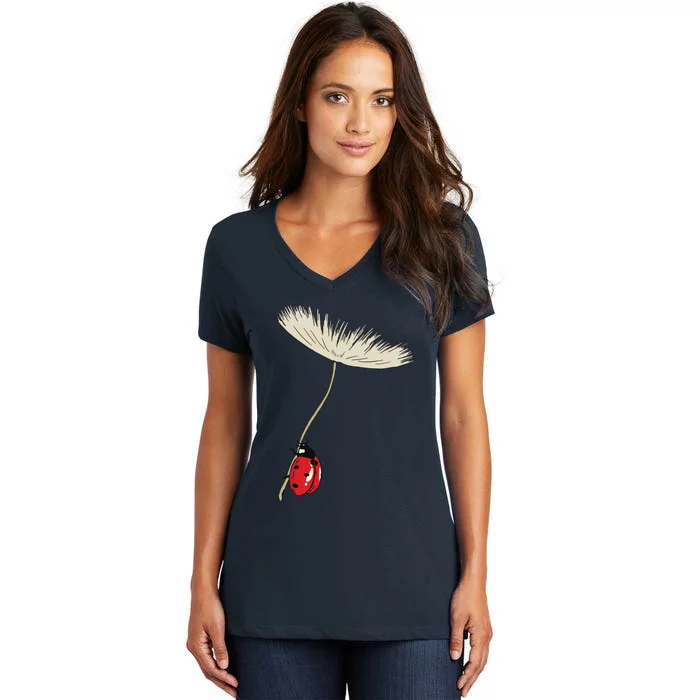 Dandelion Seeds With Ladybug Gift For Yellow Flowers Friends Women's V-Neck T-Shirt