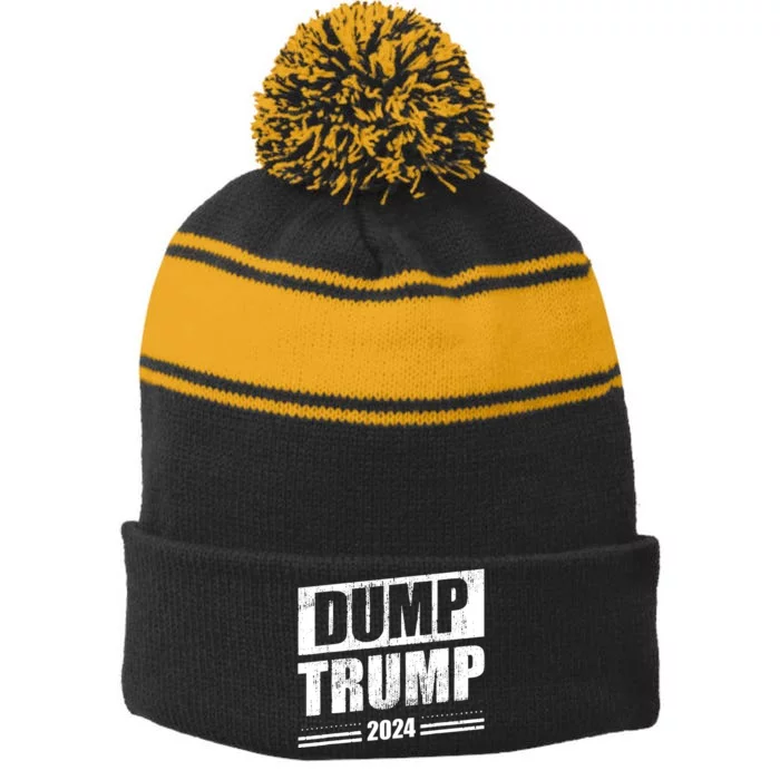 Dump Trump 2024 Funny Anti Trump Stripe Pom Pom Beanie