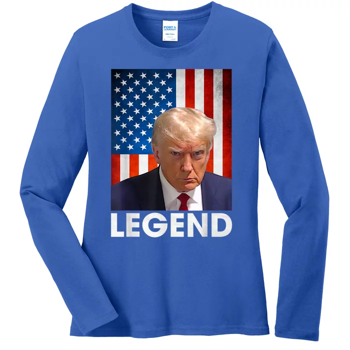 Donald Trump 2024 Mug Shot President Legend American Flag Ladies Long Sleeve Shirt