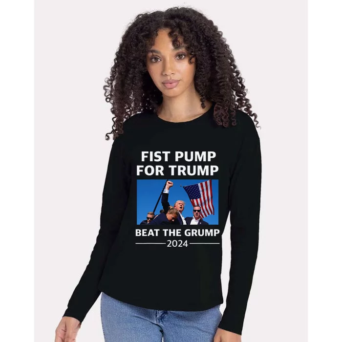 Donald Trump 2024 Fist Pump Beat The Grump Rally Usa Flag Womens Cotton Relaxed Long Sleeve T-Shirt