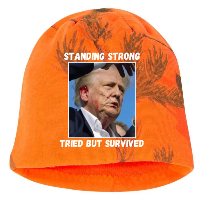 Donald Trump 2024 Standing Strong Tried But Survived Kati - Camo Knit Beanie