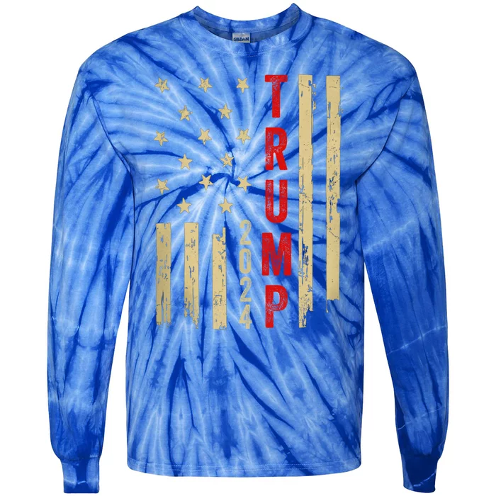 Donald Trump 2024 American Flag Vintage Trump 2024 Election Cute Gift Tie-Dye Long Sleeve Shirt