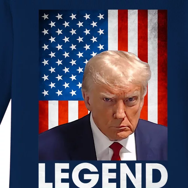 Donald Trump 2024 Mug Shot President Legend American Flag Baby Long Sleeve Bodysuit