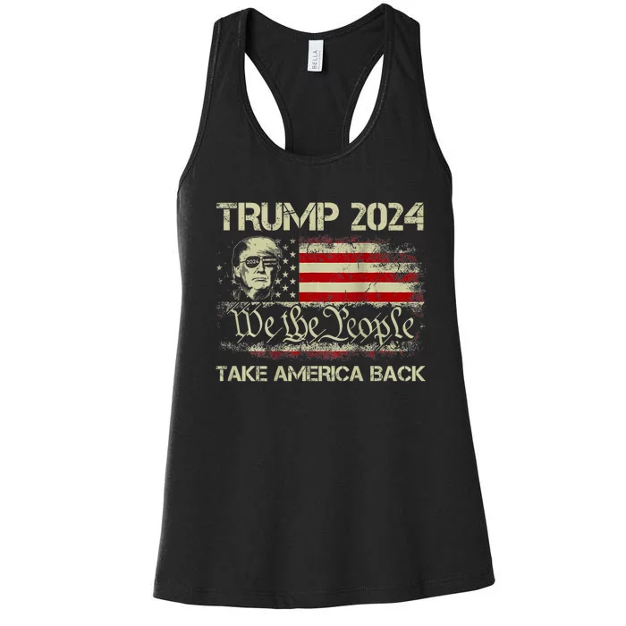 Donald Trump 2024 Take America Back American Flag (On Back) Women's Racerback Tank