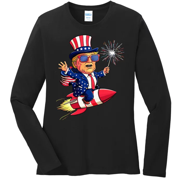 Donald Trump 2024 Happy Trump American Flag Ladies Long Sleeve Shirt