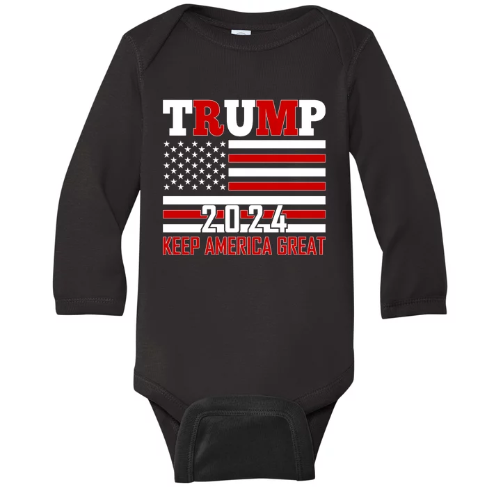 Donald Trump 2024 Keep America Great Usa Flag Baby Long Sleeve Bodysuit