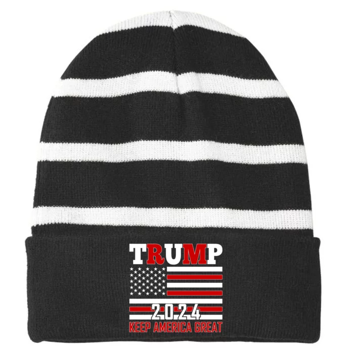 Donald Trump 2024 Keep America Great Usa Flag Striped Beanie with Solid Band