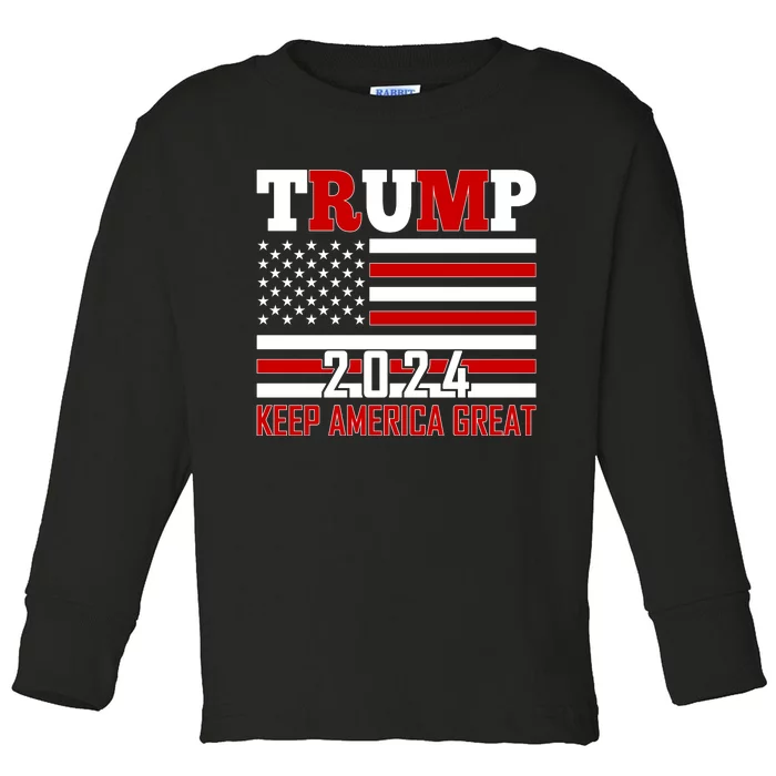 Donald Trump 2024 Keep America Great Usa Flag Toddler Long Sleeve Shirt