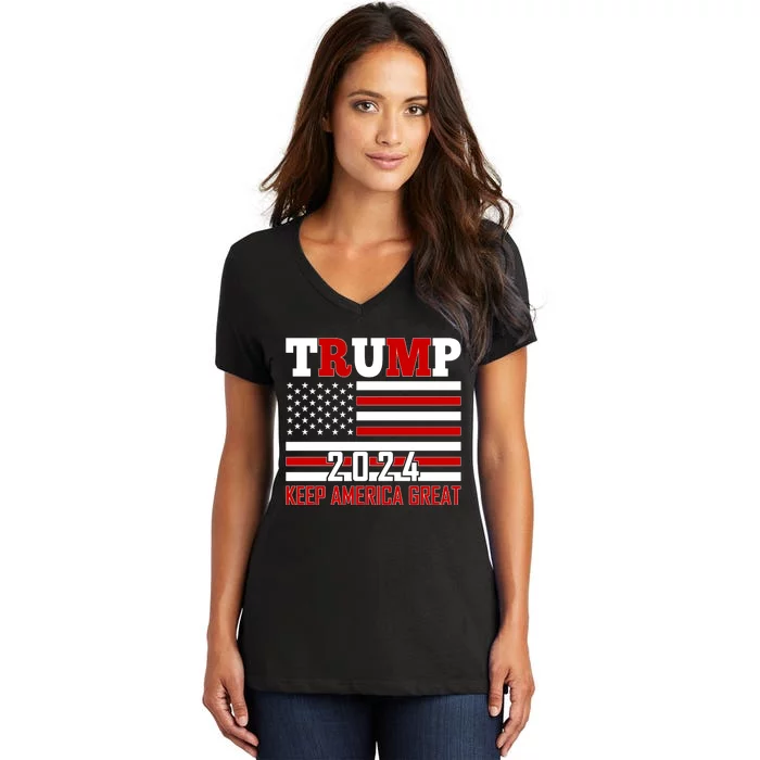 Donald Trump 2024 Keep America Great Usa Flag Women's V-Neck T-Shirt