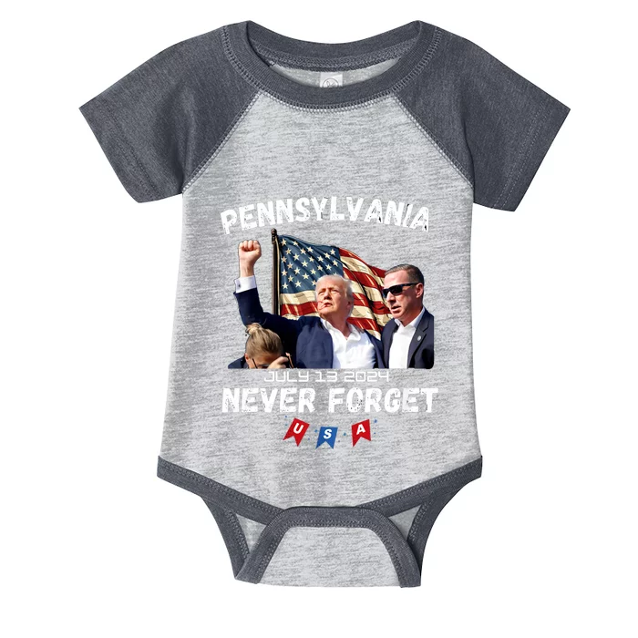 Donald Trump 2024 Election Gifts For Patriotics Butler Pennsylvania Never Forget Infant Baby Jersey Bodysuit