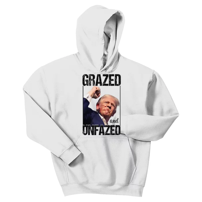 Donald Trump 45 47 Fist Pump Fight Grazed And Unfazed 2024 Kids Hoodie