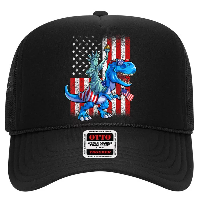 Dinosaur TRex 4th Of July Dino Boy Men American USA Flag High Crown Mesh Trucker Hat