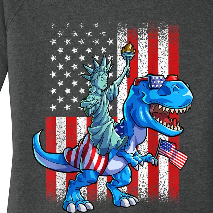 Dinosaur TRex 4th Of July Dino Boy Men American USA Flag Women's Perfect Tri Tunic Long Sleeve Shirt