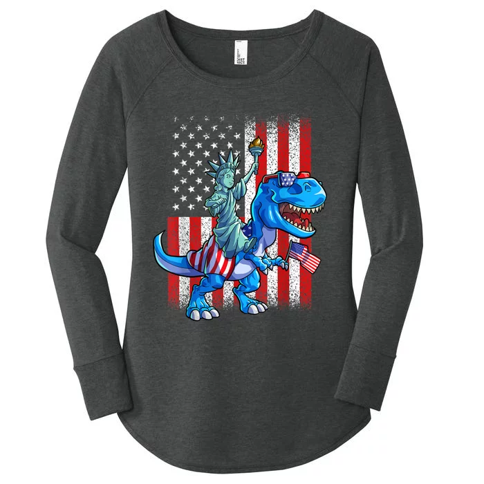 Dinosaur TRex 4th Of July Dino Boy Men American USA Flag Women's Perfect Tri Tunic Long Sleeve Shirt