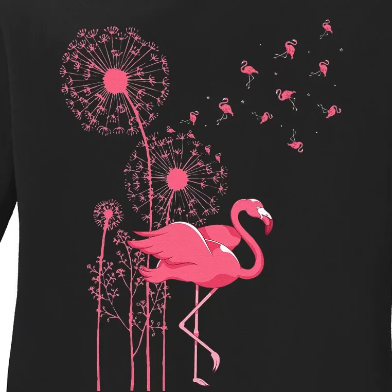 Dandelion Tropical Animal Exotic Bird Wildlife Pink Flamingo Ladies Long Sleeve Shirt