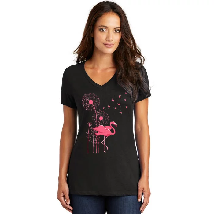 Dandelion Tropical Animal Exotic Bird Wildlife Pink Flamingo Women's V-Neck T-Shirt