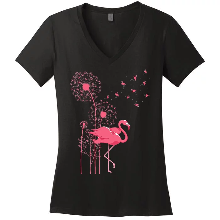 Dandelion Tropical Animal Exotic Bird Wildlife Pink Flamingo Women's V-Neck T-Shirt