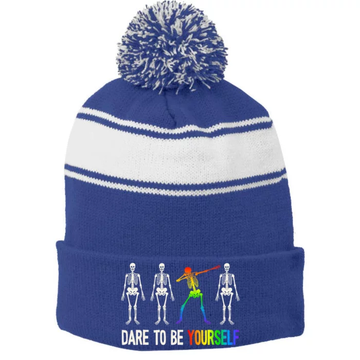 Dare To Be Yourself Gift Lgbt Pride Gift Lgbtq Gift Stripe Pom Pom Beanie