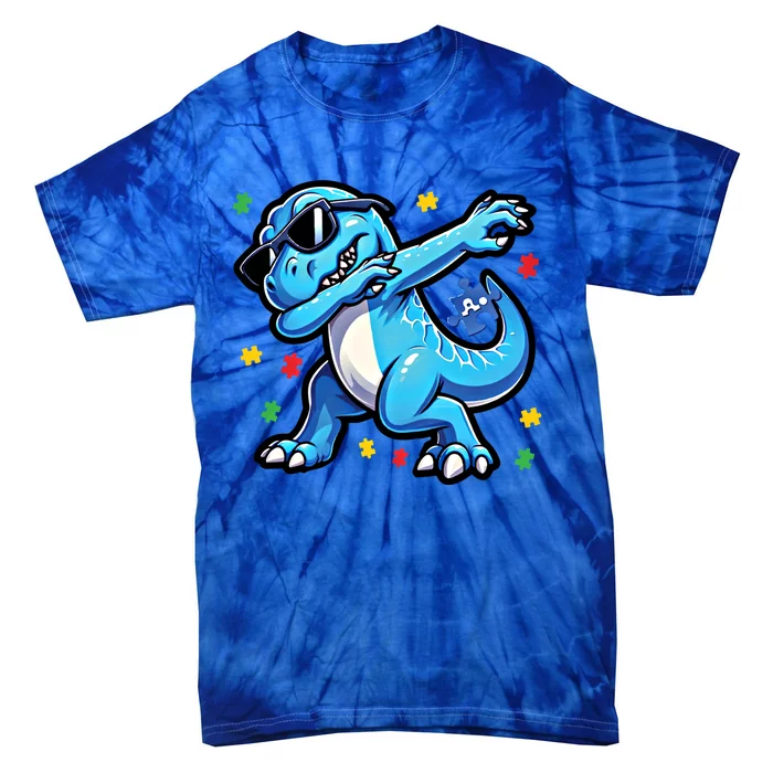 Dabbing Trex Blue Dinosaur Autism Awareness Month Great Gift Tie-Dye T-Shirt