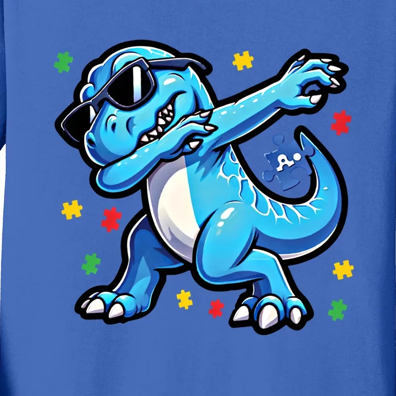 Dabbing Trex Blue Dinosaur Autism Awareness Month Great Gift Kids Long Sleeve Shirt