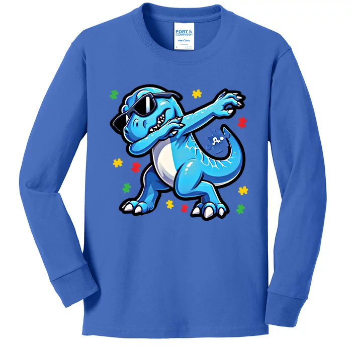 Dabbing Trex Blue Dinosaur Autism Awareness Month Great Gift Kids Long Sleeve Shirt