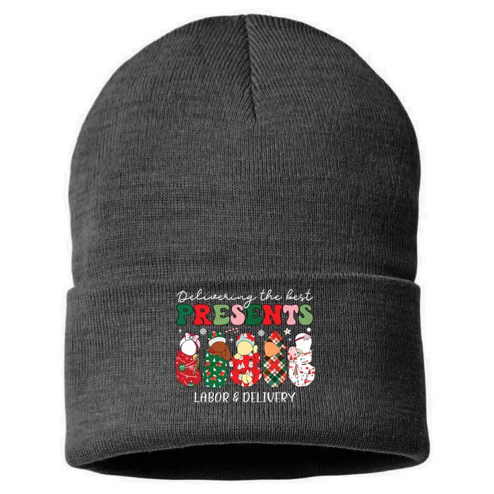 Delivering The Best Presents Labor Delivery Nurse Christmas Sustainable Knit Beanie