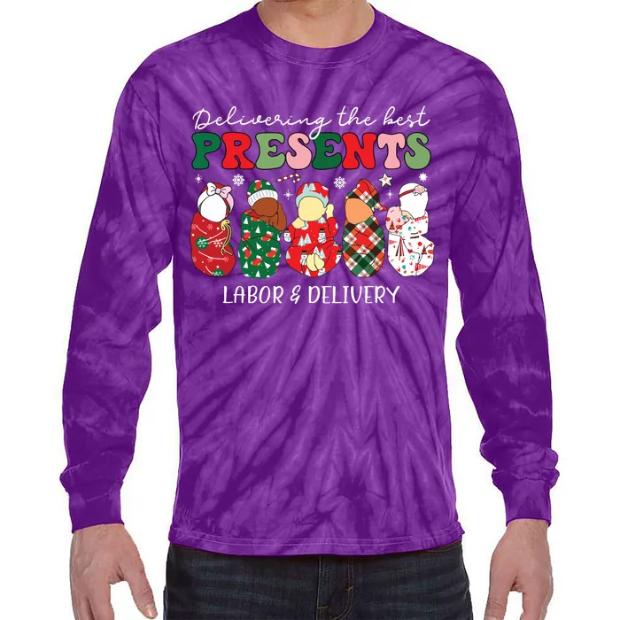 Delivering The Best Presents Labor Delivery Nurse Christmas Tie-Dye Long Sleeve Shirt