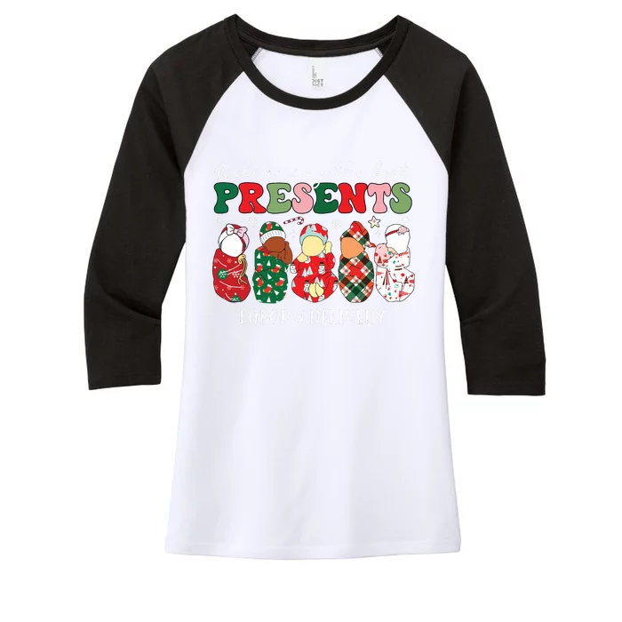 Delivering The Best Presents Labor Delivery Nurse Christmas Women's Tri-Blend 3/4-Sleeve Raglan Shirt