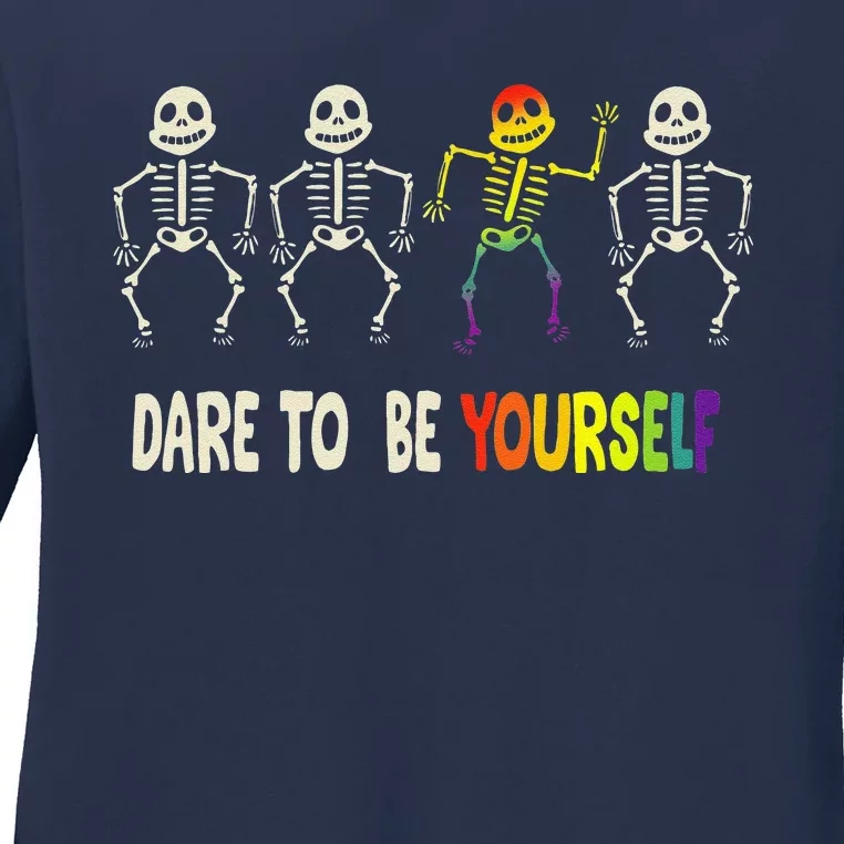 Dare To Be Yourself Cute Lgbt Pride Bones Rainbow Ladies Long Sleeve Shirt