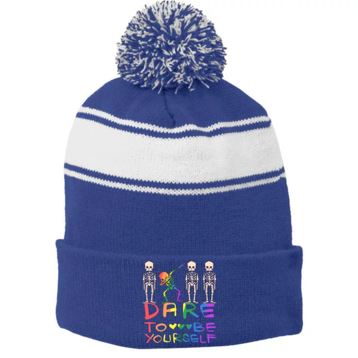 Dare To Be Yours Lgbtq+ Pride Awareness Movet Gift Stripe Pom Pom Beanie