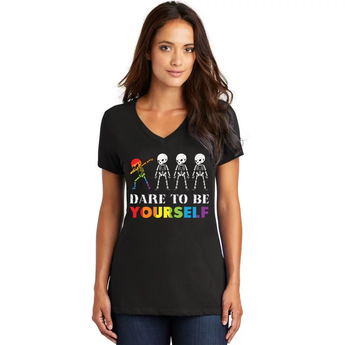 Dare To Be Yourself Halloween Costume Rainbow Skeleton Women's V-Neck T-Shirt