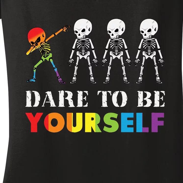 Dare To Be Yourself Halloween Costume Rainbow Skeleton Women's V-Neck T-Shirt