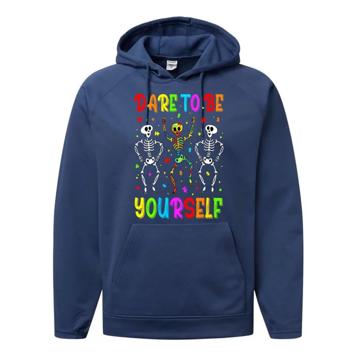 Dare To Be Your Self Dabbing Skeleton Autism Awareness Gift Performance Fleece Hoodie