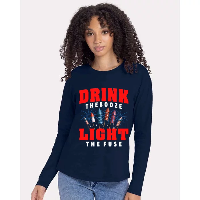 Drink The Booze Light The Fuse 4th Of July Fireworks USA Womens Cotton Relaxed Long Sleeve T-Shirt