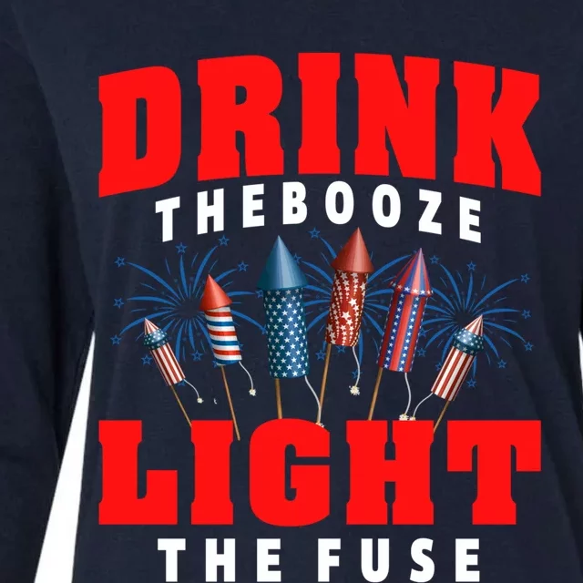 Drink The Booze Light The Fuse 4th Of July Fireworks USA Womens Cotton Relaxed Long Sleeve T-Shirt