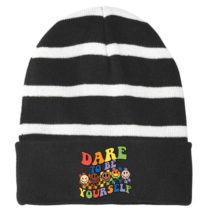 Dare To Be Yourself LGBT Rainbow Flag Pride Month Striped Beanie with Solid Band