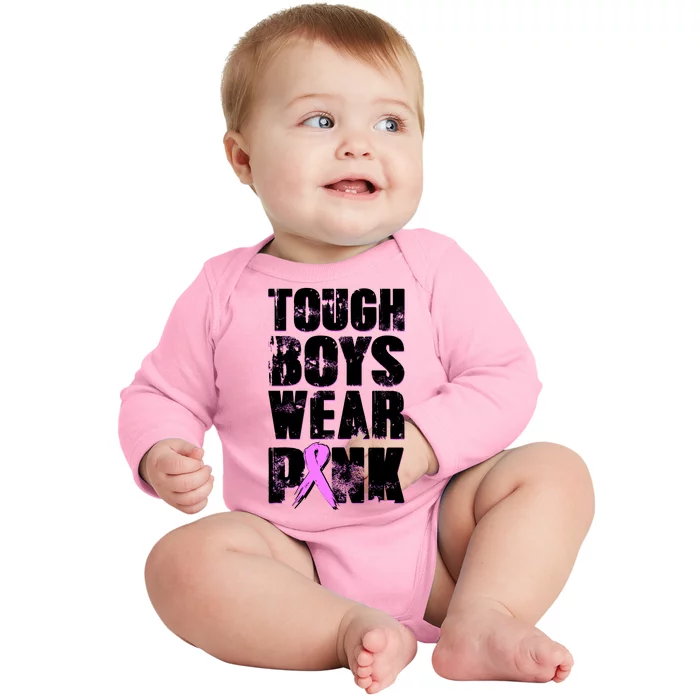 Distressed Tough Boys Wear Pink Breast Cancer Awareness Baby Long Sleeve Bodysuit