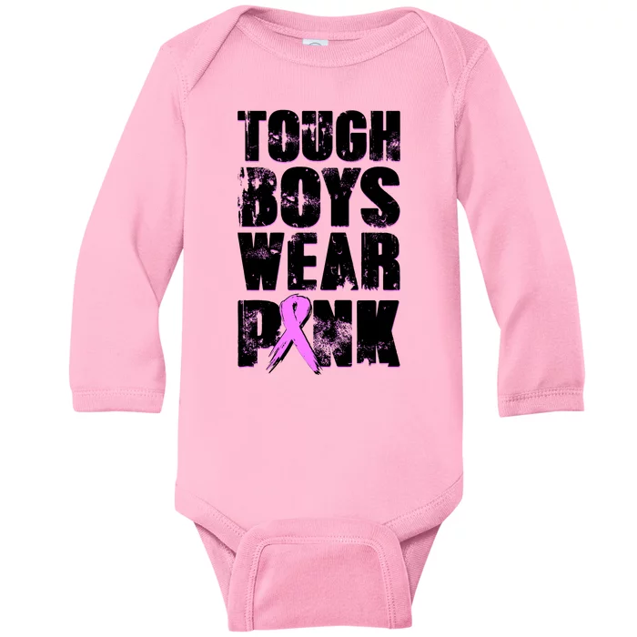 Distressed Tough Boys Wear Pink Breast Cancer Awareness Baby Long Sleeve Bodysuit