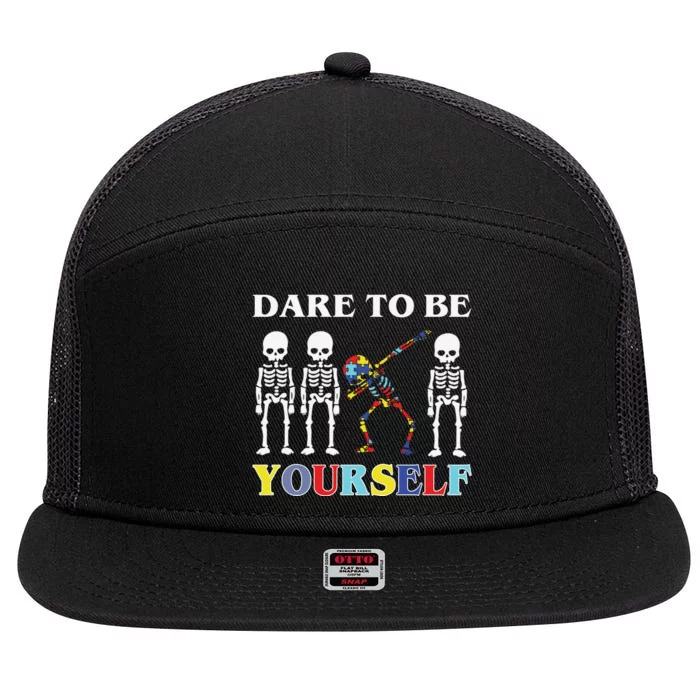 Dare To Be Yourself Autism Awareness Skeleton 7 Panel Mesh Trucker Snapback Hat