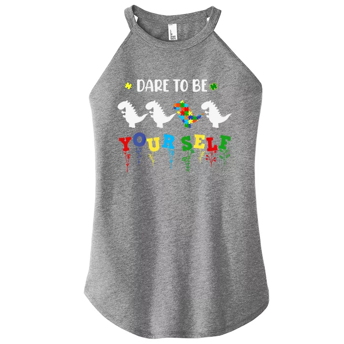 Dare To Be Yourself Autism Awareness Dinosaur Puzzle 2023 Great Gift Women’s Perfect Tri Rocker Tank