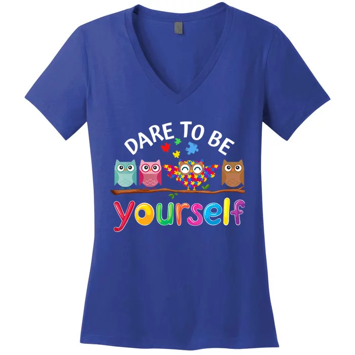 Dare To Be Yourself Cute Night Owls Autism Awareness Month Meaningful Gift Women's V-Neck T-Shirt