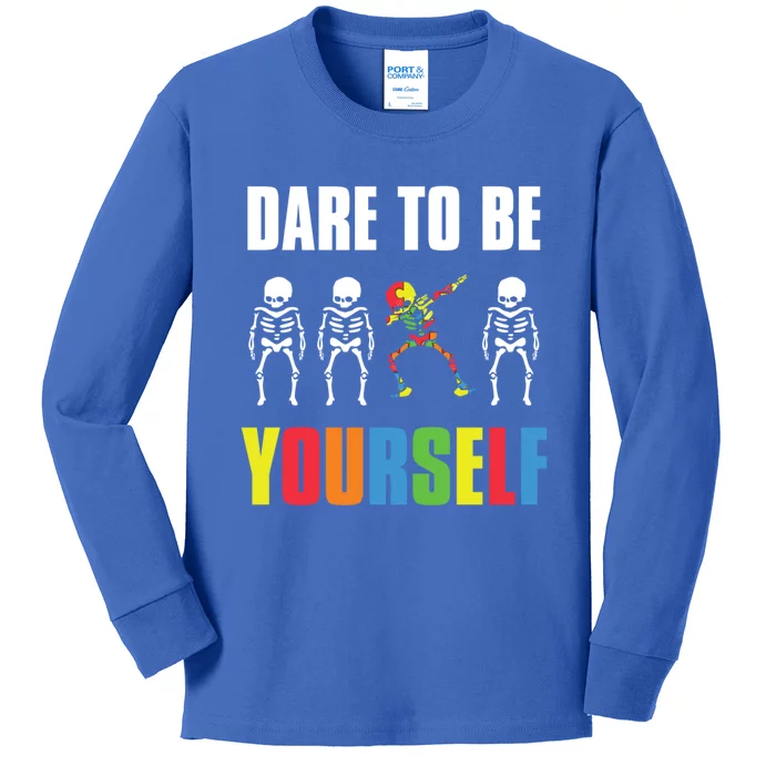 Dare To Be Yourself Dabbing Skeleton Autism Awareness Gift Kids Long Sleeve Shirt