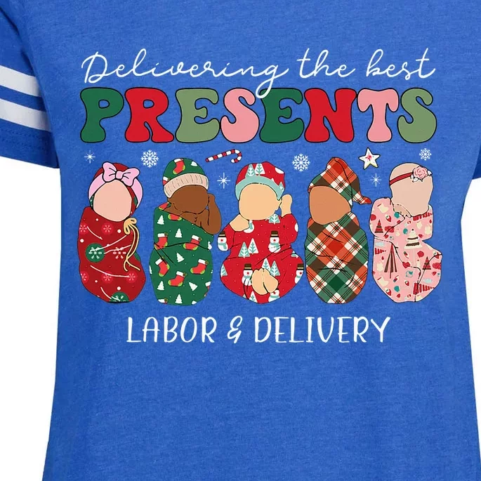 Delivering The Best Presents Labor Delivery Nurse Christmas Enza Ladies Jersey Football T-Shirt